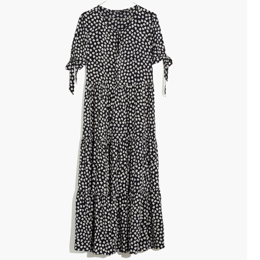Madewell Tie-Sleeve Tiered Midi Dress in Woodcut Flowers
